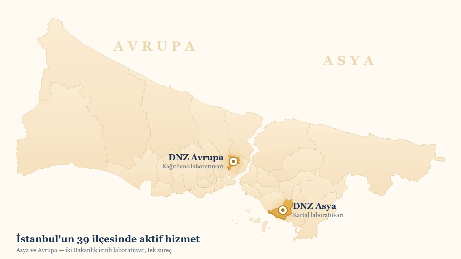 İstanbul ilçe haritası — DNZ Grup Yapı Laboratuvarı hizmet bölgeleri, DNZ Asya ve DNZ Avrupa yapı laboratuvarları işaretli